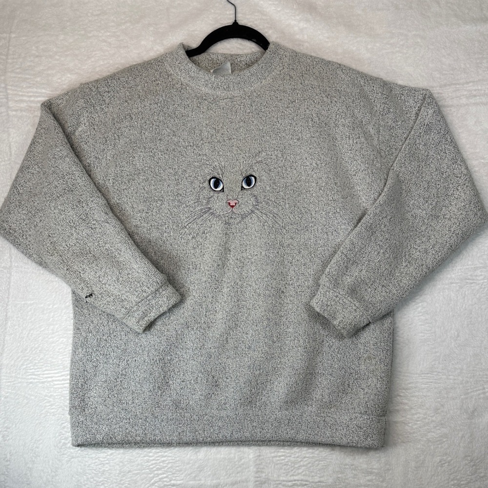 U.D. Collections Cat Face Sweatshirt Womens Large Grey Vintage Embroidered